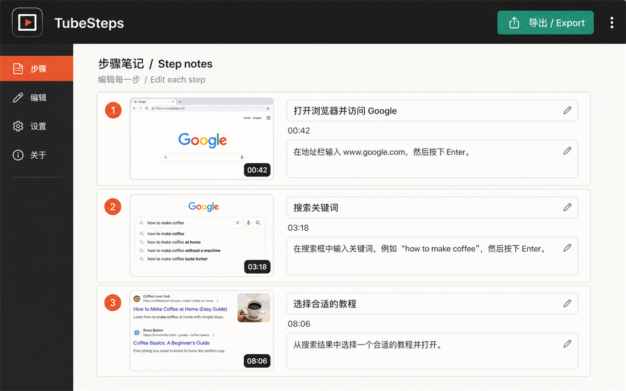 TubeSteps 步骤笔记编辑器，展示画面、时间点和说明